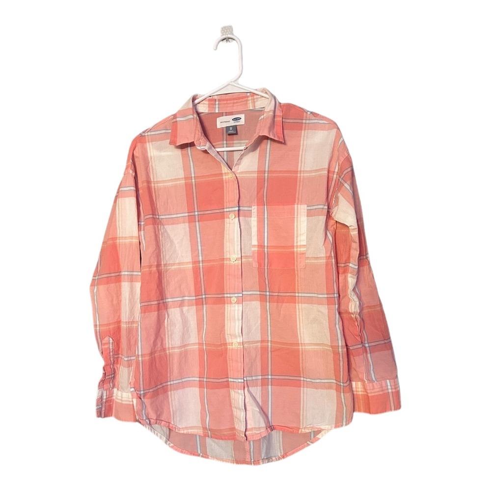 Old Navy Women's XS Orange Plaid Boyfriend Fit Button Up Long Sleeve Shirt